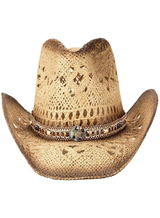 Foeran Men's Women's Straw Cowboy Hat Cowgirl Woven Sun Hat Western Cowboy Hat Two Decorative Bands - Image 2